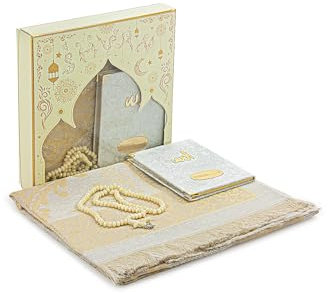 ihvan online Gebetsgeschenk Set für Männer und Frauen, Muslimischer TAFT Gebetsteppich, Yaseen Buch, Salah Matte, Perlen Rosenkranz, Islamisches Geschenk für Ramadan & Eid & Mitgift, Beige