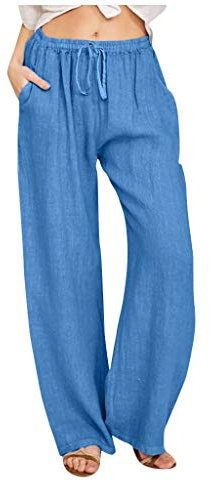 Awrvia Leinenhose Damen Sommer Freizeit Hose Lang Locker Sommerhose Casual Einfarbig Leinenhose Baumwolle Gerades Bein Bequeme Stoffhose Leicht Einfarbig Strandhose mit Kordelzug und Taschen