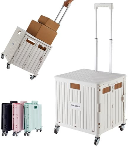 Foldable Utility Cart Folding Portable Rolling Crate Handcart with Durable Heavy Duty Plastic Telescoping Handle Collapsible 4 Rotate Wheels for Travel Shopping Moving Luggage Office Use