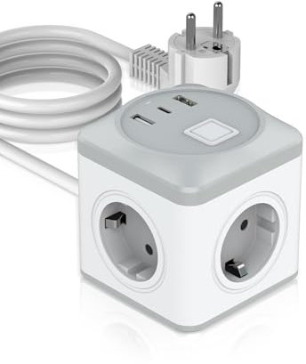 6 en 1 Multiprise USB Cube 2M, avec 3 Prises AC, 2 USB et 1 Type C, 4000W/16A Multiprise Cube avec Interrupteur Individuel, Bloc Multiprise Parafoudre et Surtension, pour Bureau, Maison, Voyage