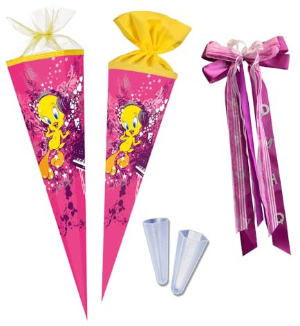 Nestler Schultüten-Set zum Befüllen, Handgemachte Zuckertüte aus Karton - Lizenzmotiv Looney Tunes - Tweety, Schultüte, Spitzenschutz, Schleife (85 cm 6-eckig)