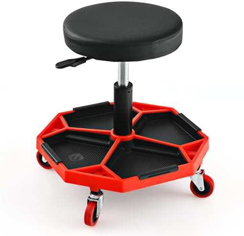 SOARS Taburete de Montaje Móvil, Taburete de Taller Regulable en Altura de 41 a 55 cm, Taburete Neumático Mecánico con Ruedas y Bandeja magnética extraíble para Herramientas, Carga 150 kg