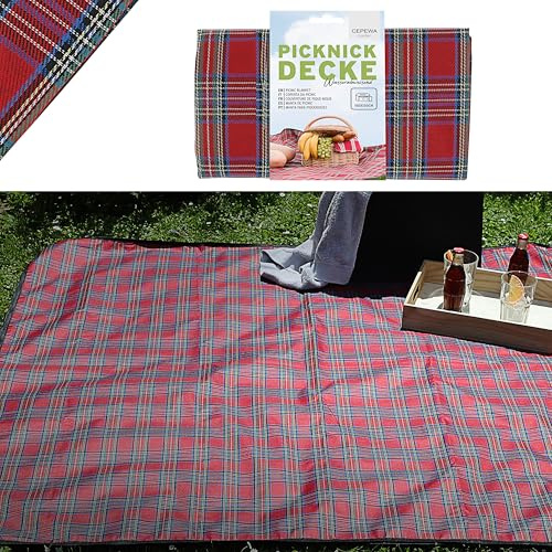 Cepewa Picknickdecke Beschichtung wasserabweisend | 150x130 rot Polyester Polyethylen | Decke mit Karomuster rechteckig Outdoordecke (1 x Picknickdecke rot)
