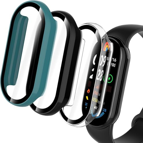 Hianjoo Hülle Kompatibel mit Xiaomi Mi Band 9, Rundum PC Schutzhülle und Displayschutz, Schutzfolie Kompatibel mit Xiaomi Smart Band 9 - [3 Stück] Klar+Schwarz+Grün