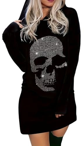 EVELUST Gothic Kleidung Damen Punk Kostüm - Totenkopf Sweatshirt Gruselig Skelett Hexenkostüm Top Hoodie Langarm Y2k Oberteil(Black,M,1156w)