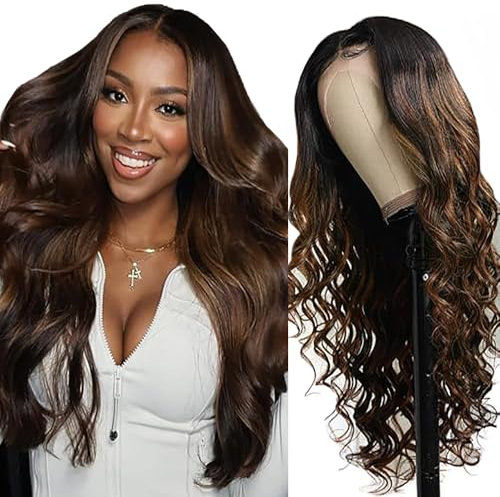 Weeybay Echthaar Perücke für Damen Perücken Body Wave Human Hair Wig 4X4 Lace Closure Highlight Brown 150% Density Unprocessed Brazilian Remy Hair Glueless for Woman 16 Zoll