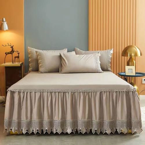 Homxi Bettrock für Boxspringbett mit 2 Kissenbezüge,(200 x 220 cm),Bettbezug mit Elastisch Einfarbig mit Spitze Bettwäsche Khaki