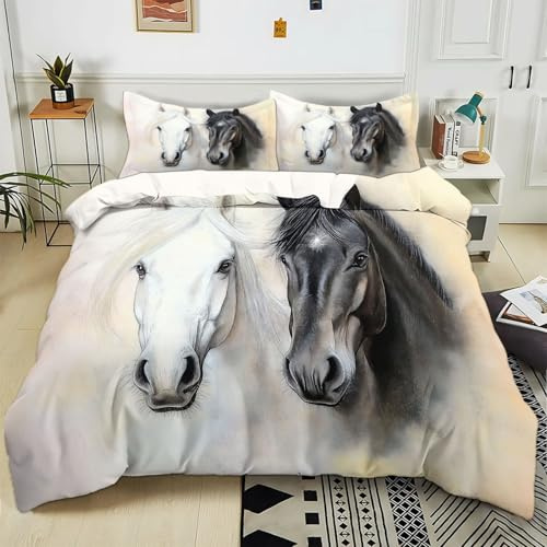 Generisch Bettwäsche 200x200 cm tierisches weißes schwarzes Pferd 3D Bedruckte Bettbezug Einfache Pflege 3-Teiliges Bettwäsche Set Polyester Baumwolle mit Reißverschluss und 2 Kissenbezug