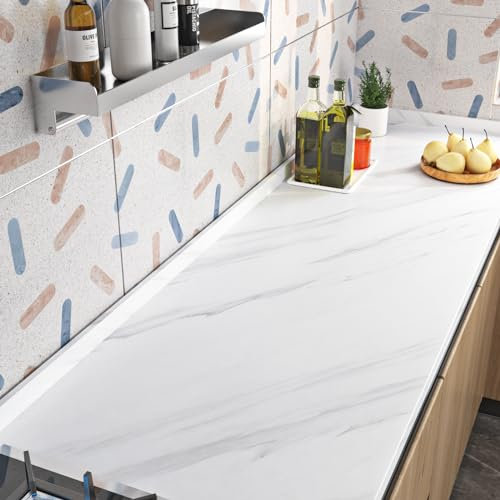 Livelynine Carta Adesiva per Mobili Cucina Effetto Marmo Bianco Lavabile Pellicola Adesiva per Mobili Cucina Piano Lavoro Tavolo Grigio Chiaro Carta da Parati Adesivo Muro Bagno Marmo Chiaro 40CMx2M