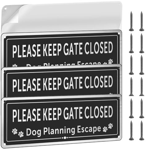 3 Pack Please Keep Gate Closed Sign, 3.5 x 9.8 Inches Aluminum Brushed Guard Dogs Warning Sign, UV Resistant & Waterproof & Fade Resistant Please Close Gate Signs with Pre-drilled Holes, Easy to Mount