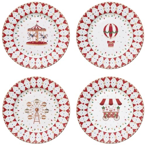 MamboCat 4er Set Christmas Wonderland Kuchenteller mit Geschenkkarton I Ø 19,2cm I Porzellan-Frühstücksteller mit verschiedenen Weihnachts-Dekoren für 4 Personen I Service für Salat, Dessert & Co