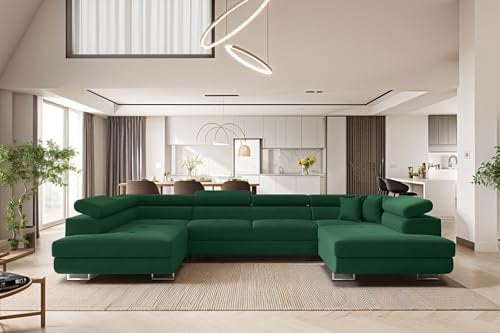 Kaiser Möbel - Ecksofa mit Schlaffunktion - Wohnlandschaft U Form - Big Sofa 345 x 202 cm - Relaxsofa mit 8 Verstellbaren Kopfstützen und 2 x Bettkasten - Eckcouch Groß, XXL - Falio U Dunkelgrün