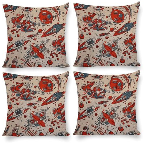 POLESVBM Kissenbezüge, Kissenbezüge mit Reißverschluss, Raumschiff-Illustration, bedruckt, quadratisch, für Couch, Bett, 4 Stück