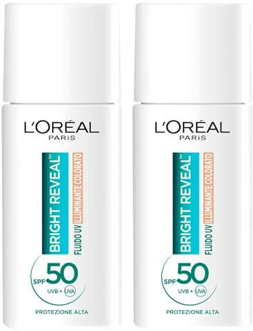 L'Oréal Paris UV-Flüssigkeit für das Gesicht, Anti-Flecken, Bright Reveal, Sonnenschutz LSF 50, feuchtigkeitsspendend, ausgleichend, mit Niacinamid, helle Farbe, 2 Flaschen à 50 ml