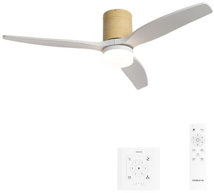 CREATE / WINDCALM M/Ventilateur de plafond ABS avec lumière effect bois clair pales blanches avec contrôleur et télécommande / 40W, Minutere, Ø132 cm, 3 températures de lumière, fonction été-hiver
