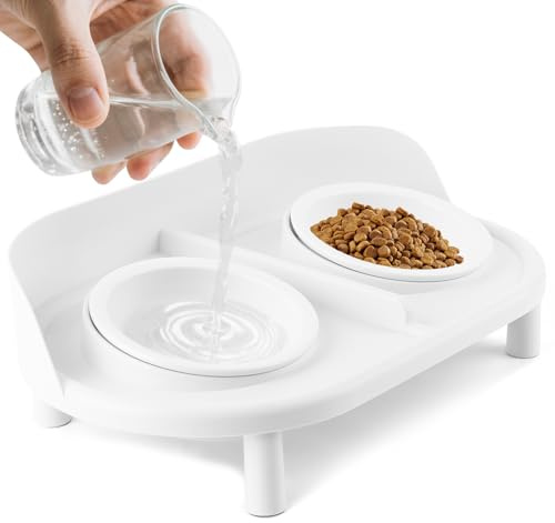 Bartuke Cuencos elevados para Gatos, Cuenco Inclinado para Comida y Agua para Gatos con 2 Cuencos de cerámica para Mascotas, Soporte Elevado, Plato para Mascotas, estación de alimentación antivómitos