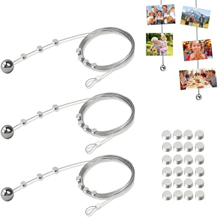 MUMUMUR 3x2m*1.5mm Fotodraht Seil aus verzinktem Stahl, Fotoleine mit Klammern zum Bilder Aufhängen, Deckenaufhängung für Fotos, Postkarten, Girlanden, Silber