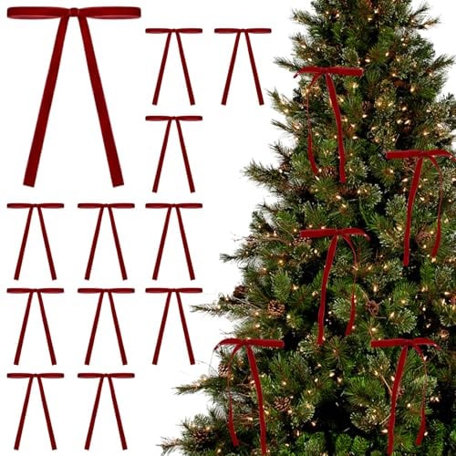 RIBSUQA 12Pcs Velvet Christmas Tree Bows, Vintage Wedding Velvet Ribbon Gift Bows for Tree Wreath Tie, Vintage Style Ribbon for XMAS Home Indoor Decor Outdoor Decorations, 5x7 Inches(Burgundy)