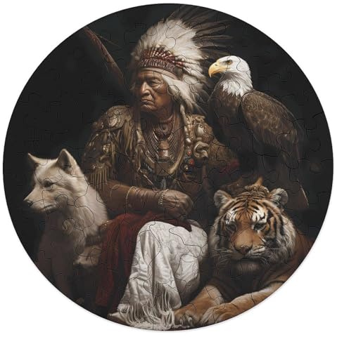 Native US Indian Chief Animals Puzzle for Adults 68 PCS Round Funny Jigsaw Puzzles Decoration