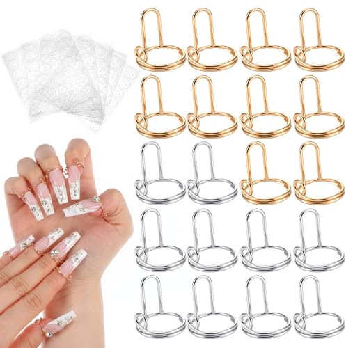 Nogeqi 20 Pcs Nail Rings with 120pcs Adhesive Nail Tabs No Glue | Detachable Non-Tarnish Nail Rings for Halal Nails Women Nails Art Decoration, Gold & Silver