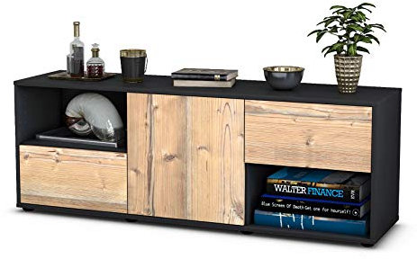 Stil.Zeit TV Schrank Lowboard Ambra, Korpus anthrazit matt, Front Holz Design Pinie (135x49x35cm), Push to Open Technik & Leichtlaufschienen