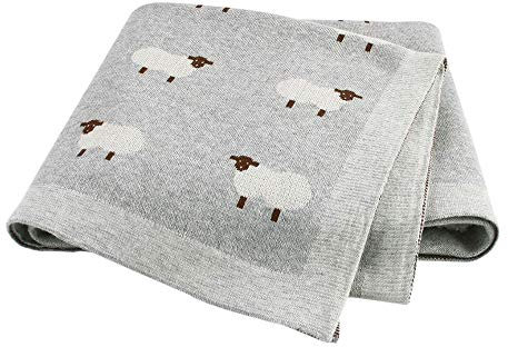 Babydecke Baumwolle Strickdecke, Surwin Mädchen und Jungen Kleines Schaf Muster Kuscheldecke - Vielseitig Nutzbare Baby Decke für Kinderwagen, Babyschale (100x80cm,grau)