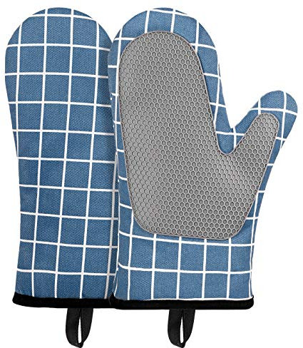 Micacorn Oven Gloves Heat Resistant, Silicone with Cotton Double Oven Mitts with Cotton Lining and Non-Slip Surface for Cooking Baking Grilling Barbecue Microwave Gauntlet(Blue)