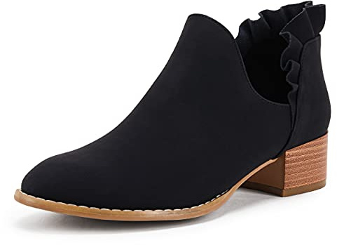 FISACE Womens Ruffled Ankle Boots V Cut Out Pointed Toe Chunky Low Heel Dressy Western Booties Black