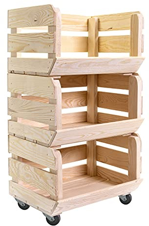 Holzfee Stapelkiste Obst Gemüse TRIO Gemüsehorde Obsthorde (Natur, mit Rollen)