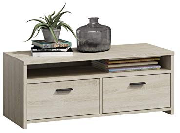 MATKAM Fernsehkommode Mili H44xB100xT45cm, laminierte Möbelplatte 18 mm, EIN offenes Regalfach, darunter 2 Ablagen mit Türen Links und rechts, Metallscharniere, satinierte Griffe (Sonoma Eiche)