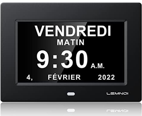 LEMNOI 7 Pouce LCD Horloge Numérique Calendrier Noire avec Date Jour Et Heure Horloge Non-Abrégée Auto Dimming 8 Langues HD Display Rappel pour Alzheimer Les Personnes âgées et Les Enfants