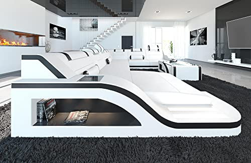 XXL Sofa Wohnlandschaft Palermo Ledersofa U Form - mit LED Beleuchtung, verstellbare Kopfstützen, Recamiere/Lederfarben wählbar/Ausrichtung wählbar (Ottomane Links, Weiß-Schwarz)