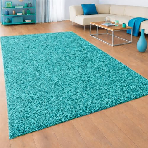 Teppich-Traum Moderner Shaggy Teppich Hochflor Uni Türkis 200x290 cm | Flauschig und weich, pflegeleicht, strapazierfähig, formstabil, saugrobotergeeignet, OEKO-TEX geprüft, Wohn- & Jugendzimmer