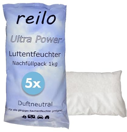 reilo 5x 1kg Ultra Power Luftentfeuchter Granulat, Raumluftentfeuchter im Vliesbeutel, Nachfüllpacks für Entfeuchterboxen 1 bis 1,2kg, Lufttrockner für Wohnräume, Schlafzimmer, Keller