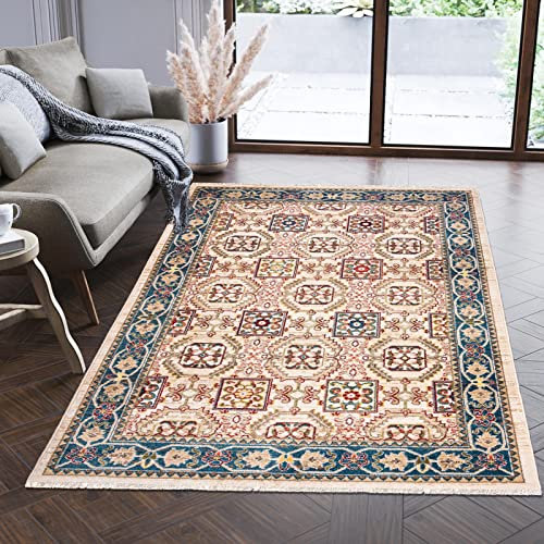 Mazovia Orientalisch Teppich - Traditioneller Teppich für Wohnzimmer, Esszimmer - Orient Teppiche Ornament - ÖKO-TEX Wohnzimmerteppich Beige Blau - 160 x 225 cm