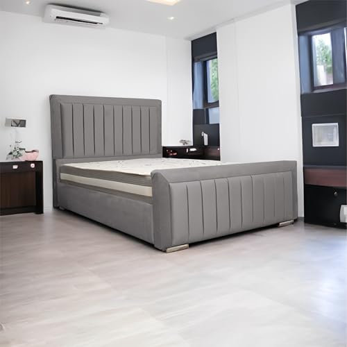 Living Comfort Bedz | Upholstered Sierra Bed | Elegant Plush Velvet headboard & Foot-board Design | ottoman Gas with lift-up storage double size bed frame (Grey, 4ft 6 Double gas Lift)