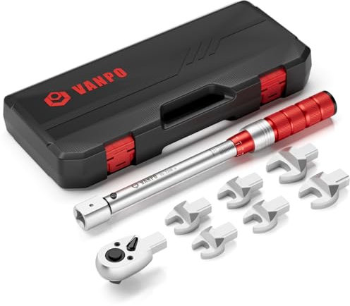 VANPO Clé dynamométrique ouverte 20-220Nm, 14x18mm Clé Dynamométrique Interchangeable, Tête à Cliquet 1/2, 16/17/18/19/22/24mm Tête Extrémité Ouverte, pour Réparation de Climatisation