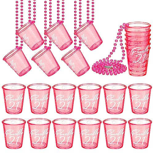 Bokon 24 Pcs 21st Birthday Shot Glass Finally 21 Birthday Shot Necklaces Cups Plastic 21st Shot Glass on Beaded Necklaces for Adults Birthday Party Supplies Favors Decorations (Hot Pink)