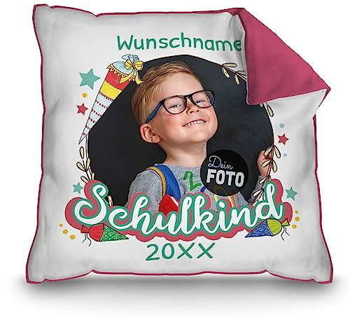 PR Print Royal Kissen zur Einschulung selbst gestalten - Schulkind mit Foto, Name und Jahr personalisiert - Zuckertüte Blau - personalisierte Geschenke zur Einschulung | Rückseite Pink, 40 x 40 cm