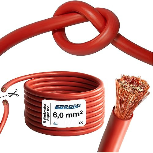 EBROM Batteriekabel 6 mm² ROT feines Kupfer, höchst flexibe, extrem biegsam, weich PVC, Vollkupfer feinstdrähtig OFC 99,9% - Meterware in einer Länge - 6mm2-6 mm2 für Wechselrichter, Laderegler uvm.