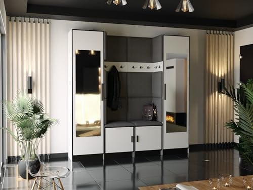 KIER FURNITURE Kleiderschrank Mit Gepolstertem Sitz Und Paneelen – Gardarobenstaender – Sitzbank Garderobe – Flurgarderobe Schmal – Farbe Weiß + Stoff Grau – 212,8xx205x39 cm
