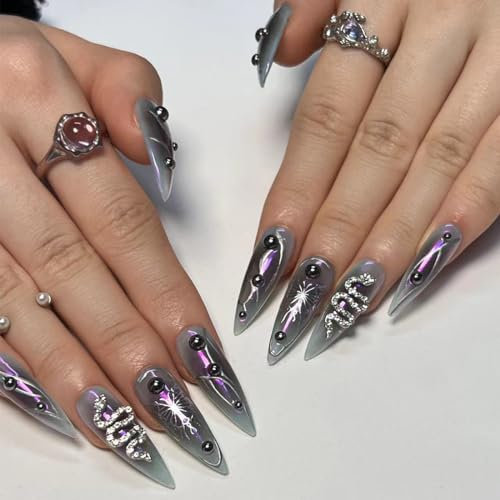 24 Pièces Presse Stiletto sur les ongles,Faux ongles longs et brillants en forme de serpent, couverture complète, pointes artificielles avec strass, pour femmes et décoration quotidienne