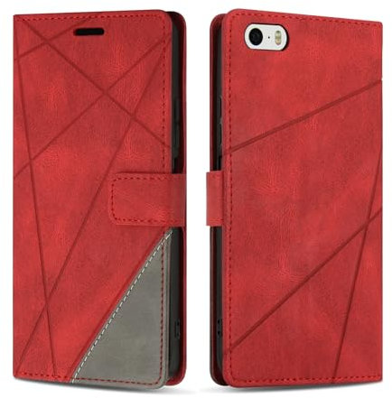 SONWO Handyhülle für iPhone 5 / iPhone 5s Hülle, Premium PU Leder Handyhülle Wallet Silikon Schutzhülle Klapphülle für iPhone 5 / iPhone 5s, Rot