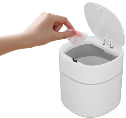 Mini Desktop Trash Bin with Press Type Lid, White | Small Waste Garbage Basket Can, Fits under monitor space-saving, For Desk Office Kitchen Dressing Table