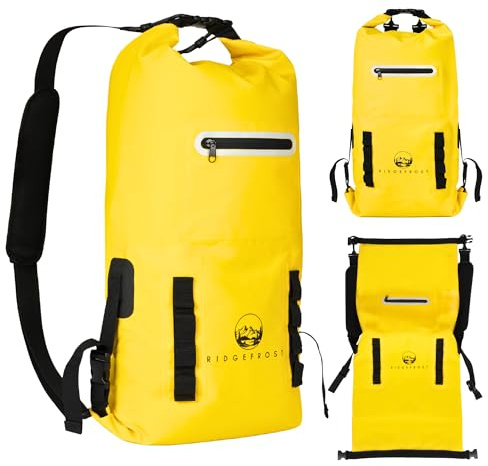Ridgefrost 20L Dry Bag | Wasserdichter Rucksack mit 2 Fächern | Gelber Trockensack für Kajakfahren, Surfen, Skifahren, Wandern, Camping, Strand und mehr | Leichter Roll-Top und Rollboden für Männer