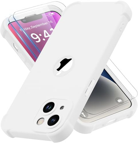 ORETECH for iPhone 14 Case 6.1 inch, with [2 Pack Screen Protector] [Camera Lens Guard] [15FT Military Grade Drop Test] 360° Shockproof Slim Fit Design Rubber Bumper Phone Cover - White