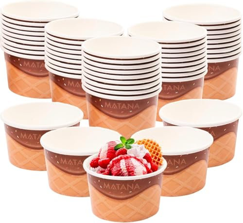 MATANA 100 Eisbecher aus Pappe für Partys & Kindergeburtstags (240ml) - Eiswaffel Design - Waffelbecher, Eisschalen, Dessertschalen Einweg, Eisbecher Waffel, Eis Pappbecher