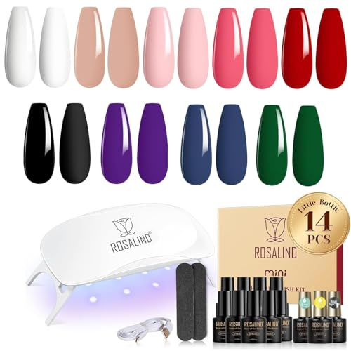 ROSALIND Gelnägel Starterset 14 Stück Gel Nagellack mit UV Lampe Schwarz Weiß Rot Nude Rosa Gelnägel Set UV Nagellack Set Starterset Maniküre