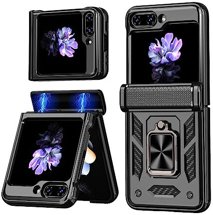 LIUKM Custodia per Samsung Galaxy Z Flip 6, 360°, girevole supporto e protezione scorrevole per fotocamera, anti-urto, cerniera custodia, colore: Nero