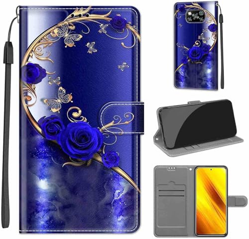 KENHONER Handyhülle für Xiaomi Poco X3 Pro, Schmetterling | Premium Leder Flip, Klappbar, Stoßfest, Magnetisch, Standfunktion, Kartenfächer, Wallet Handyhülle